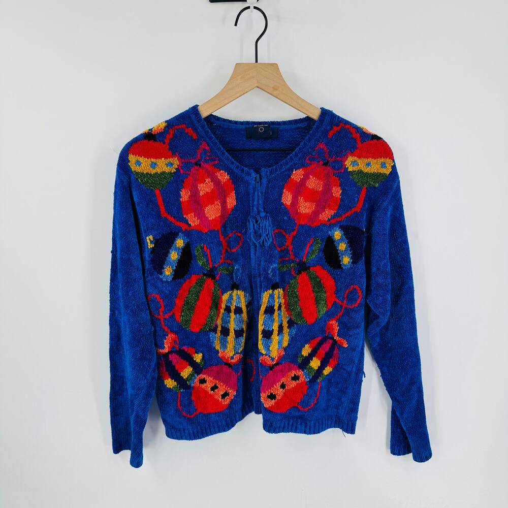 Vintage Eagle's Eye‎ Christmas Ornament Chenille Cardigan Royal Blue Size M - Picture 6 of 6